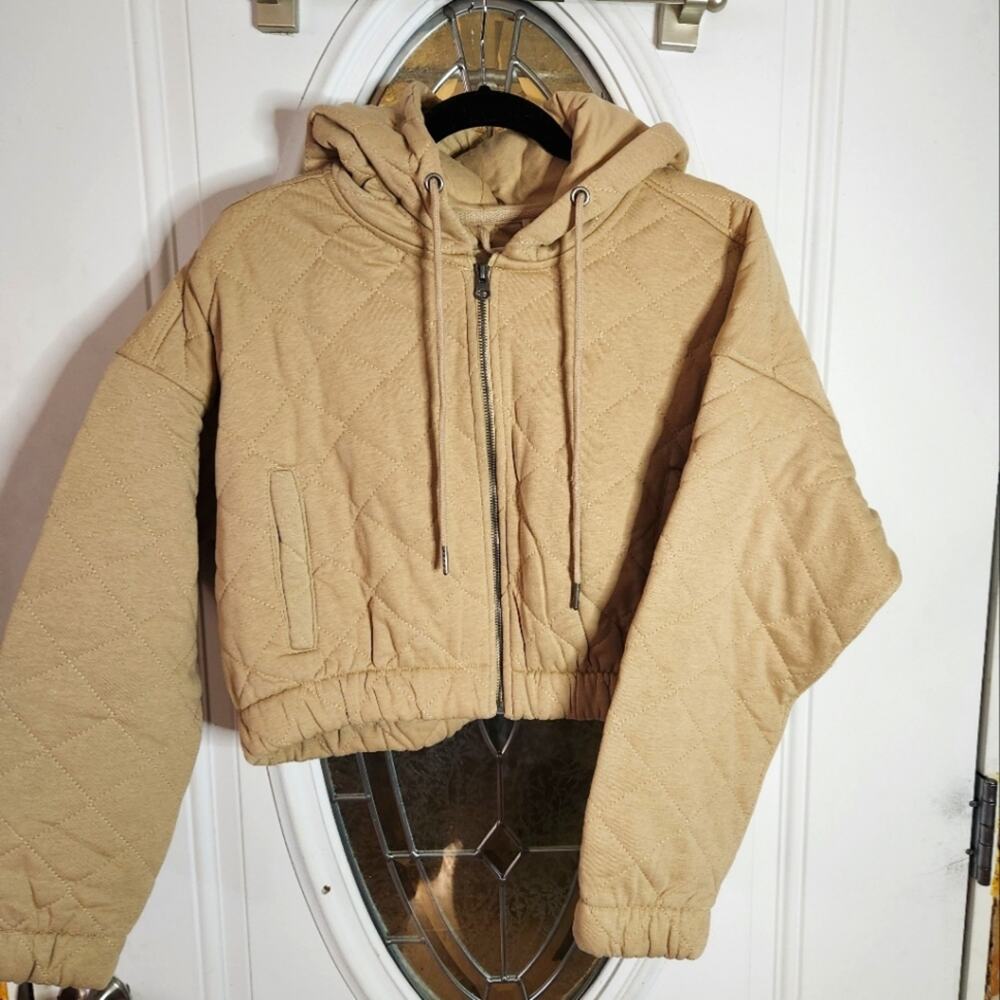 Stoosh Beige Quilted Bomber Jacket with Hood